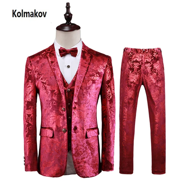 

(Jacket+Pant+Vest) Men's Print Suit 2019 blue Wedding Suits Classic business Slim Fit mens suits withpants Embroidery Men's suit