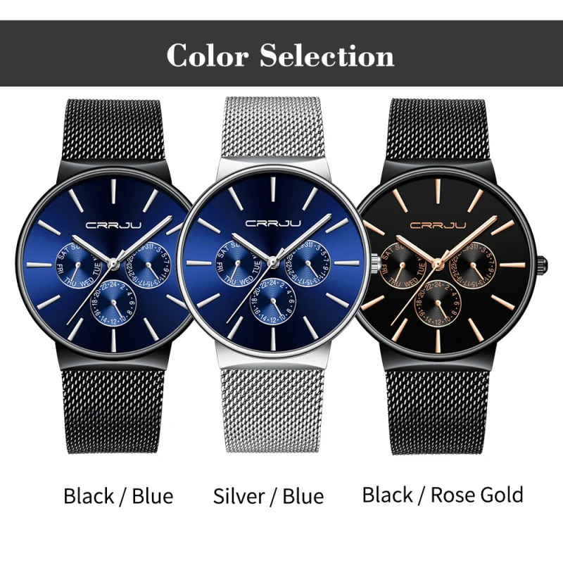 Crrju Fashion Watch Top Brand Luxury 24 Hour Week Date Men's Ultra Thin Men Stainless Steel Waterproof Clock | Наручные часы