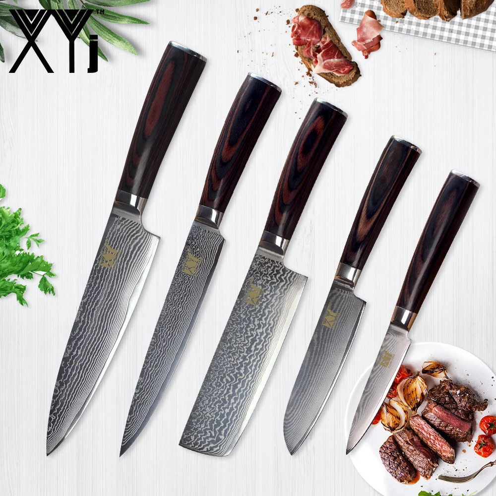 XYj Damascus Steel Kitchen Knives Non-slip Color Wood Handle Chef Slicing Santoku Chopping Utility Paring Knife Gadgets | Дом и сад