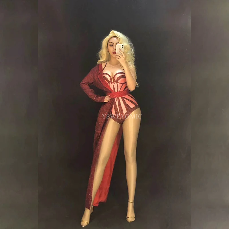 2019 Sexy Red Stretch Bodysuit Two Pieces Set Costume Stage Dance Wear Leotard Half Side Long Coat Performance Outfit YSWEYOMIC |