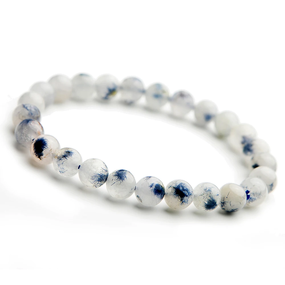 

Natural Blue Dumortierite Quartz Rutilated Crystal Bracelet 7mm Women Clear Beads Stone Rare Brazil AAAA