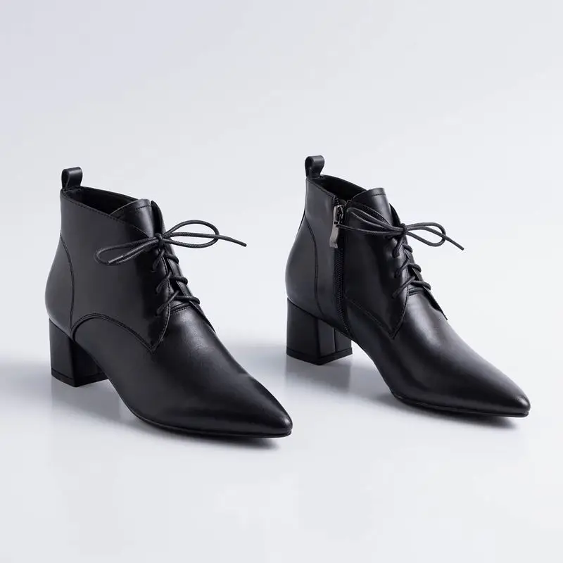 ALLBITEFO fashion retro genuine leather pointed toe high heels women boots ankle boots for women leather boots girls shoes