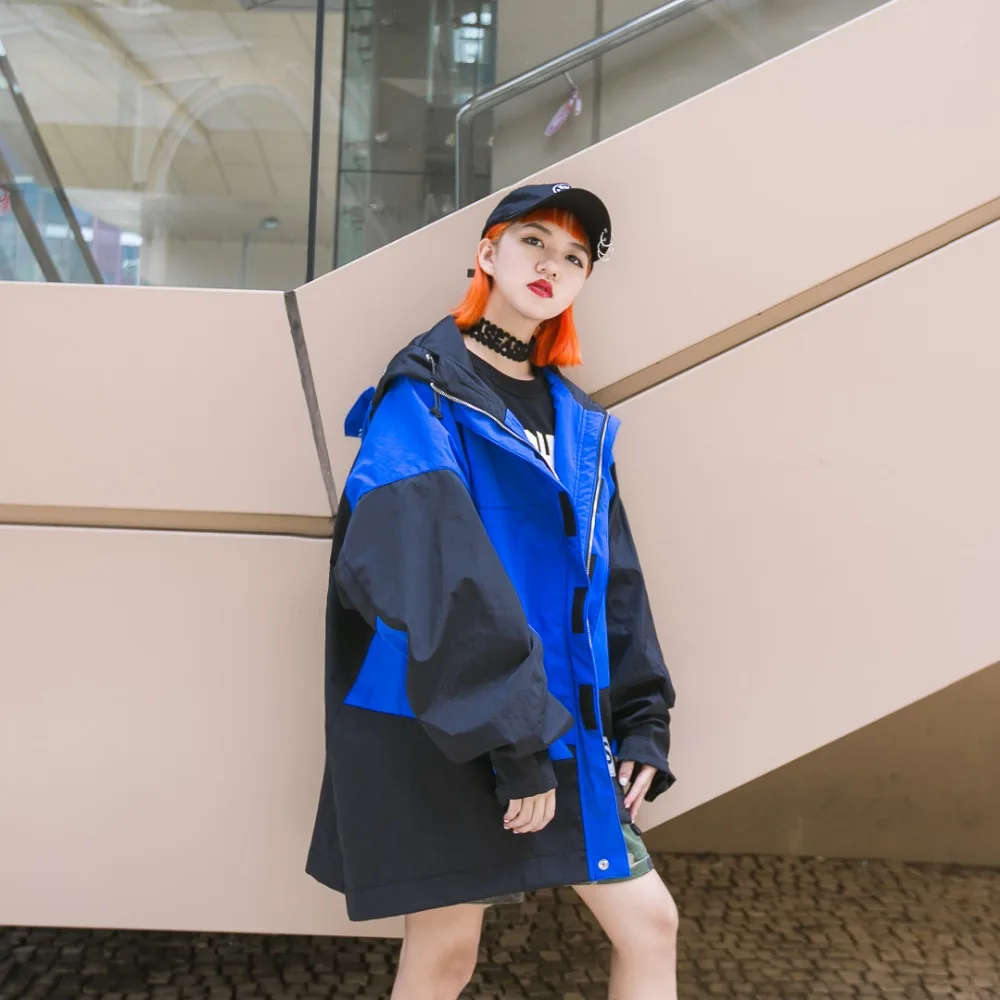

Street brand black blue color mosaic, letter coat, zipper big code BF magic stick mountain suit trench autumn