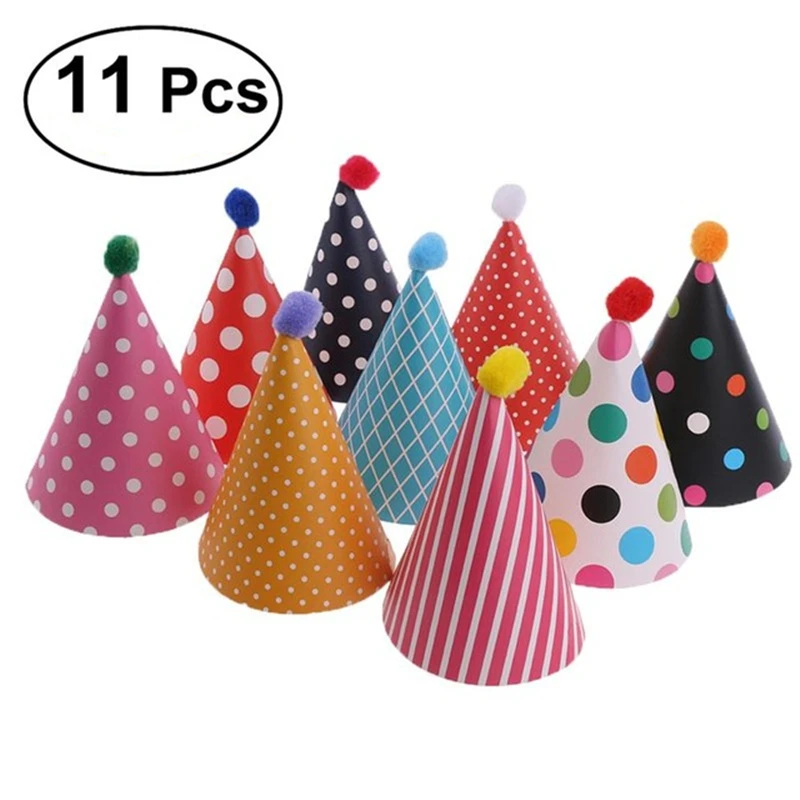 11pcs cute Birthday hat Party Cone Hats cap with Pom birthday event party supplies