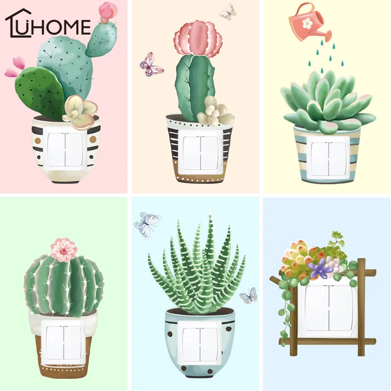 6 шт./компл. наклейки с зелеными растениями кактус бонсай переключатель для
