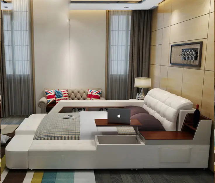 Мягкая кровать из натуральной кожи для спальни с подсветкой ящиками хранения