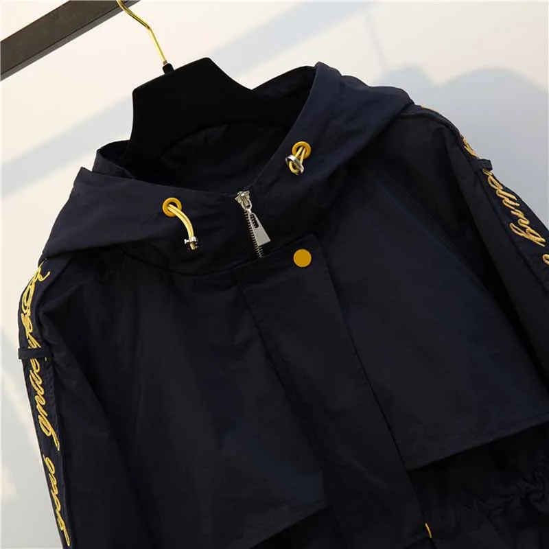 Тренч с капюшоном G327 длинный женский плащ большого размера поясом свободная