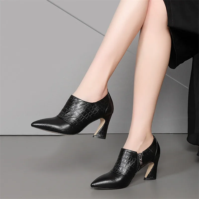 

Meotina High Heels Women Pumps Natural Genuine Leather Thick High Heel Shoes Zip Pointed Toe Office Lady Shoes Autumn Size 33-40