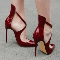 hot selling wine red patent leather high heel shoes sexy pointed toe cross strap woman pumps 2017 cutouts gladiator high heels