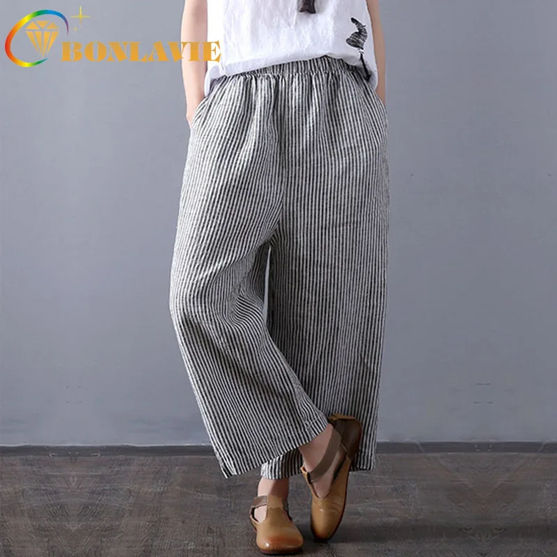 

Women Cotton Linen Pants Striped Straight Elastic Waist Casual Trousers Loose Type Ankle-length Pants Loose Trousers Ladies Wear