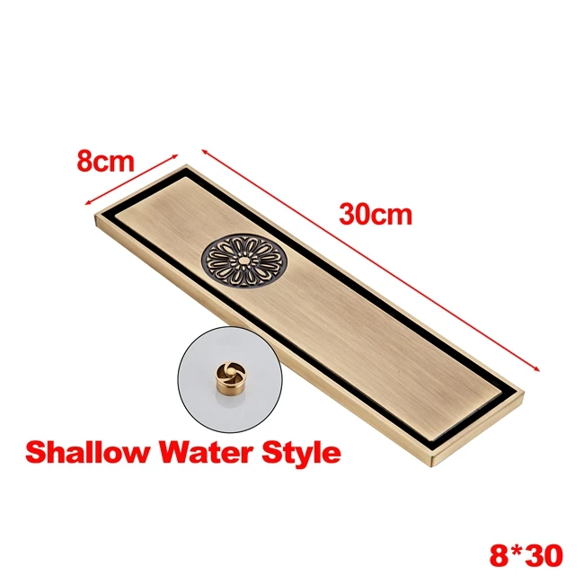 D Shallow Water 8*30 см античная латунь ванная комната Линейный душ Трап провода фильтр художественная резная крышка отходов Слив DL-0578F - Цвет: D Shallow Water