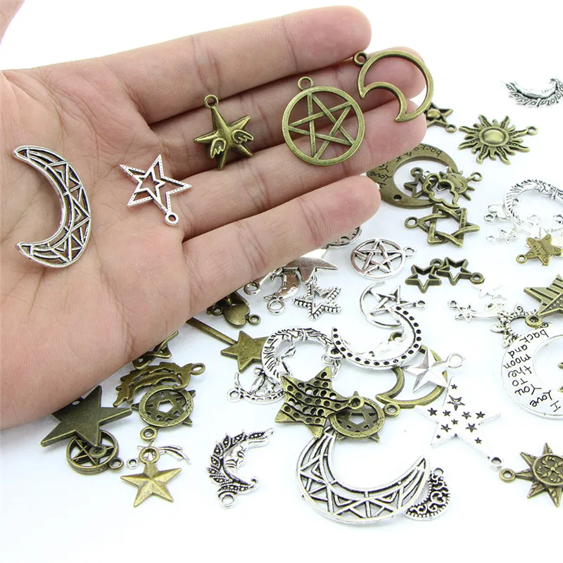 

73Pcs/Set Mixed Silver Antique Bronze Moon Star Sun Charm Pendants For DIY Jewelry Making Accessories Wholesale