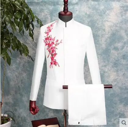 Embroide Chinese tunic suit mens wedding suits singer stage clothes men groom suit set pants Retro chorus stand collar white