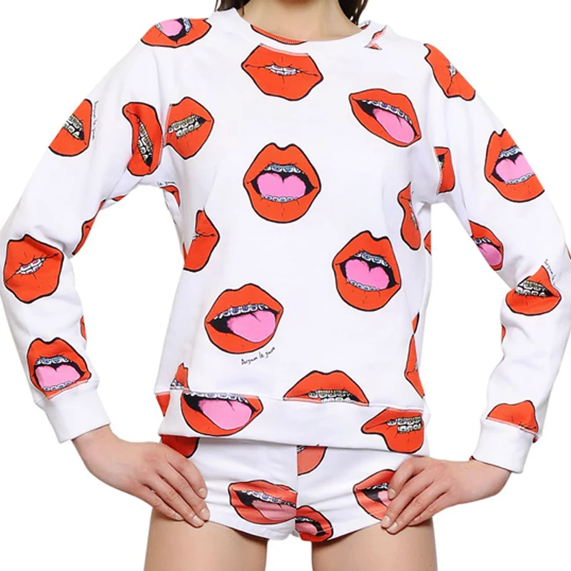 spring and summer hip-hop tide models lips printing sleeve pullover horns Sweatshirts | Женская одежда