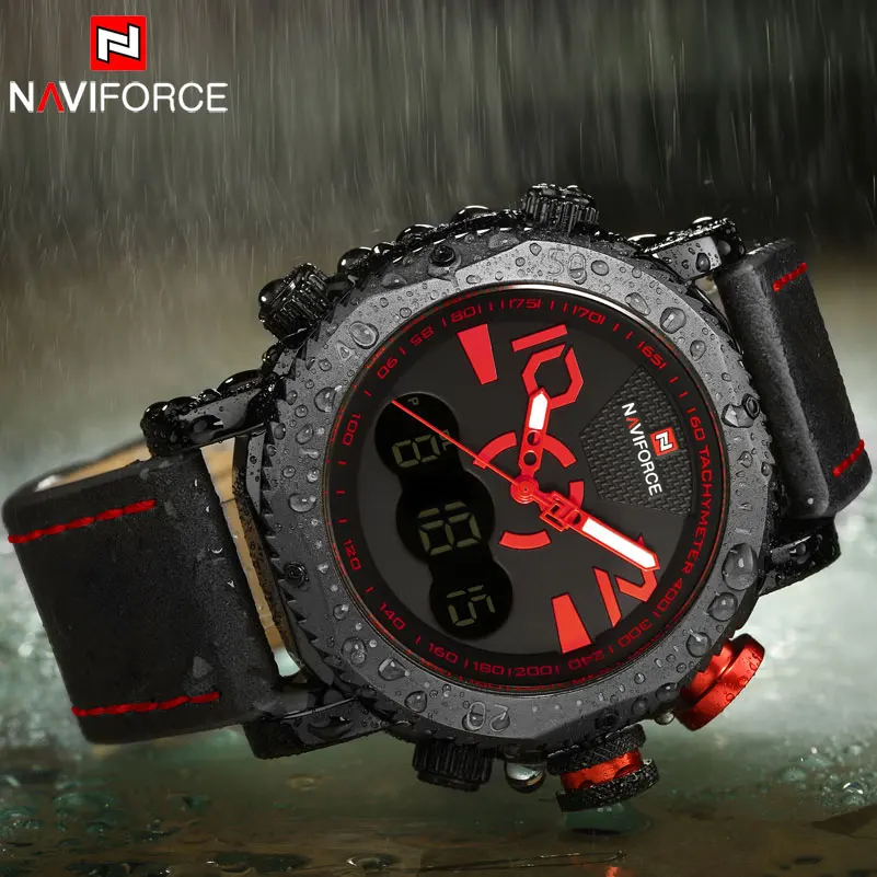 NAVIFORCE Брендовые мужские спортивные часы с двойным дисплеем цифровые кожаные