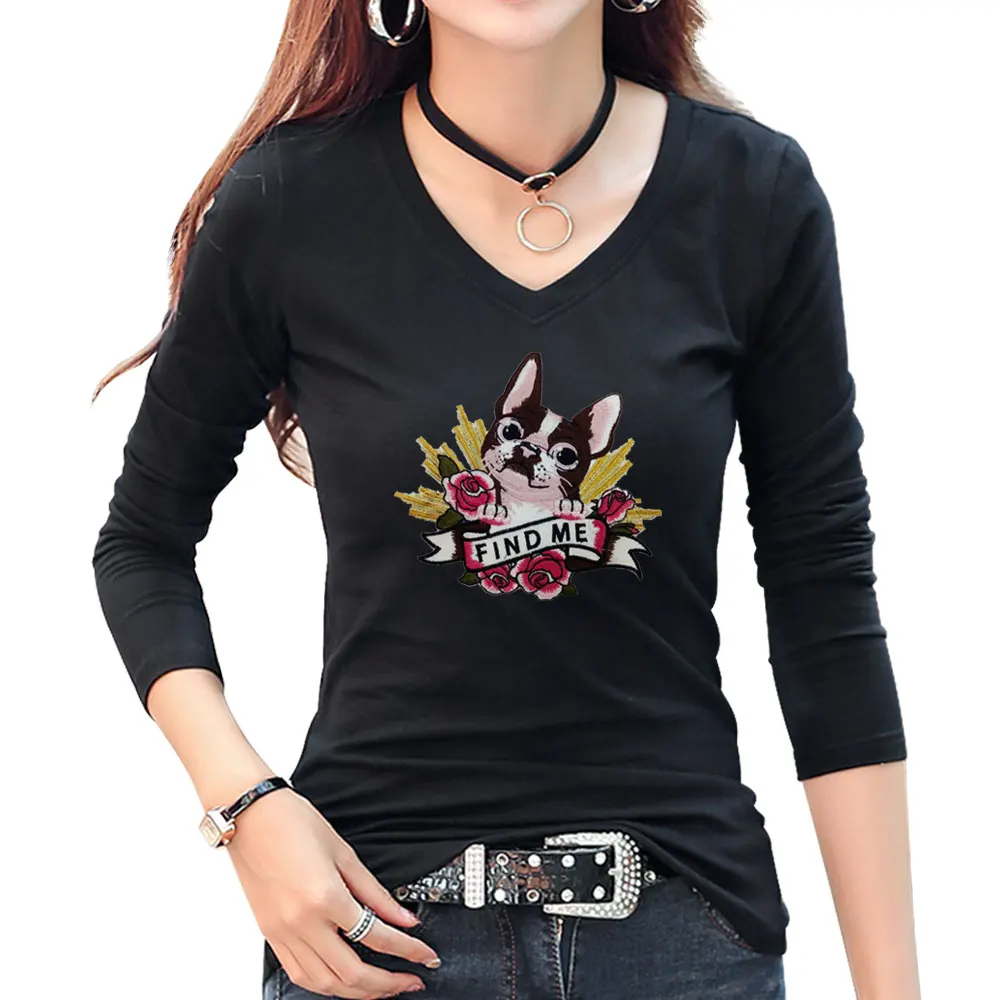 Женская футболка с длинными рукавами v образным вырезом и принтом французского