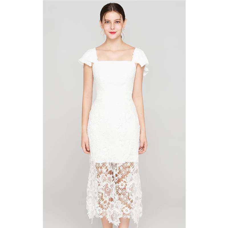 women elegant summer white eyelet dress new fashion woman clothes crochet square collar ruffle short sleeve tight | Женская одежда