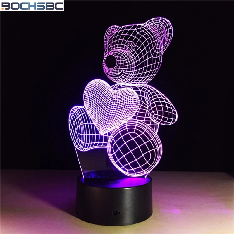 

BOCHSBC Cartoon Heart Bear Shape Acrylic Night Light 3D Baby LED Lamps Touch RGB Color Changing Table Lamp Bedside Decoration