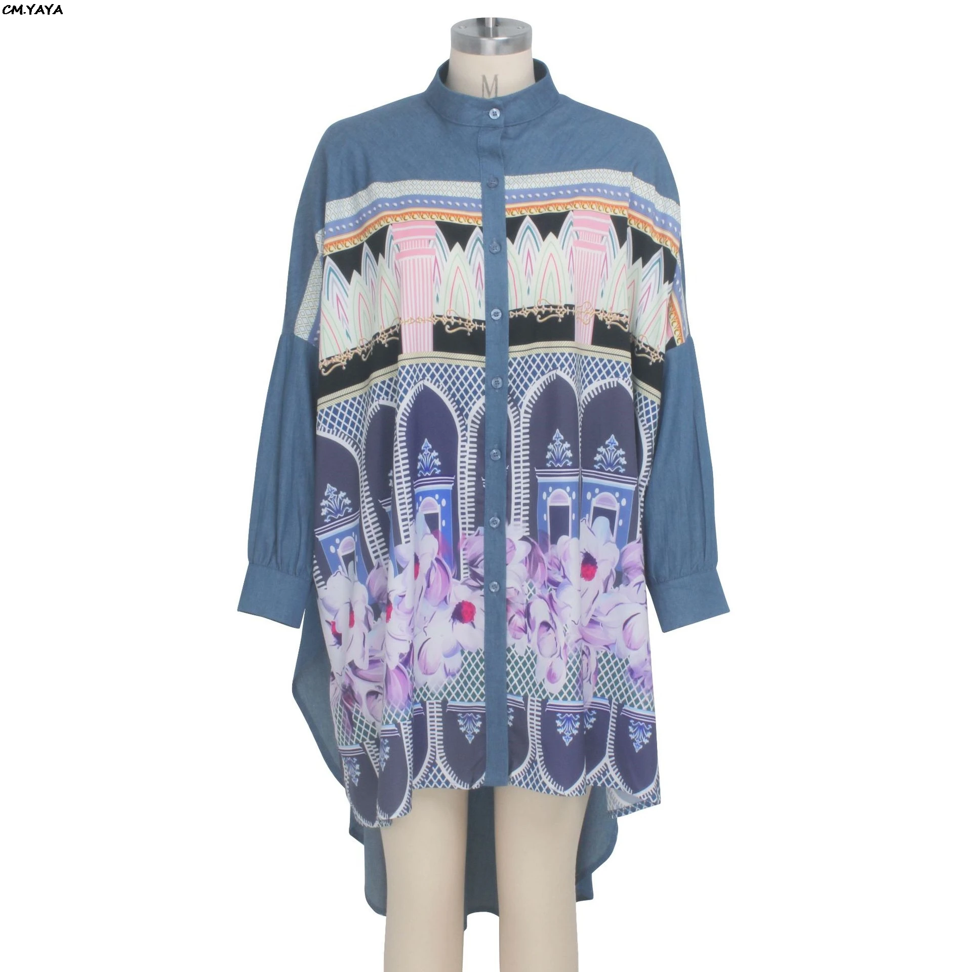 2019 women new summer vintage floral print long sleeve irregular hem loose blouse shirt dress fashion denim dresses GLSMR9318 | Женская