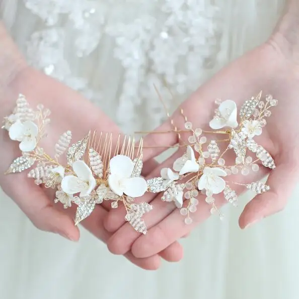 comb and pins set Цветочные свадебные аксессуары для волос кристалл из опала модная свадебная Заколка-невидимка для волос комплект головное украшение ручной работы ювелирные украшения для невесты - Окраска металла: comb and pins set