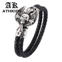 double layer bracelet men casual fashion braided leather bracelets for men skull cross bracelet punk rock men jewelry pd757