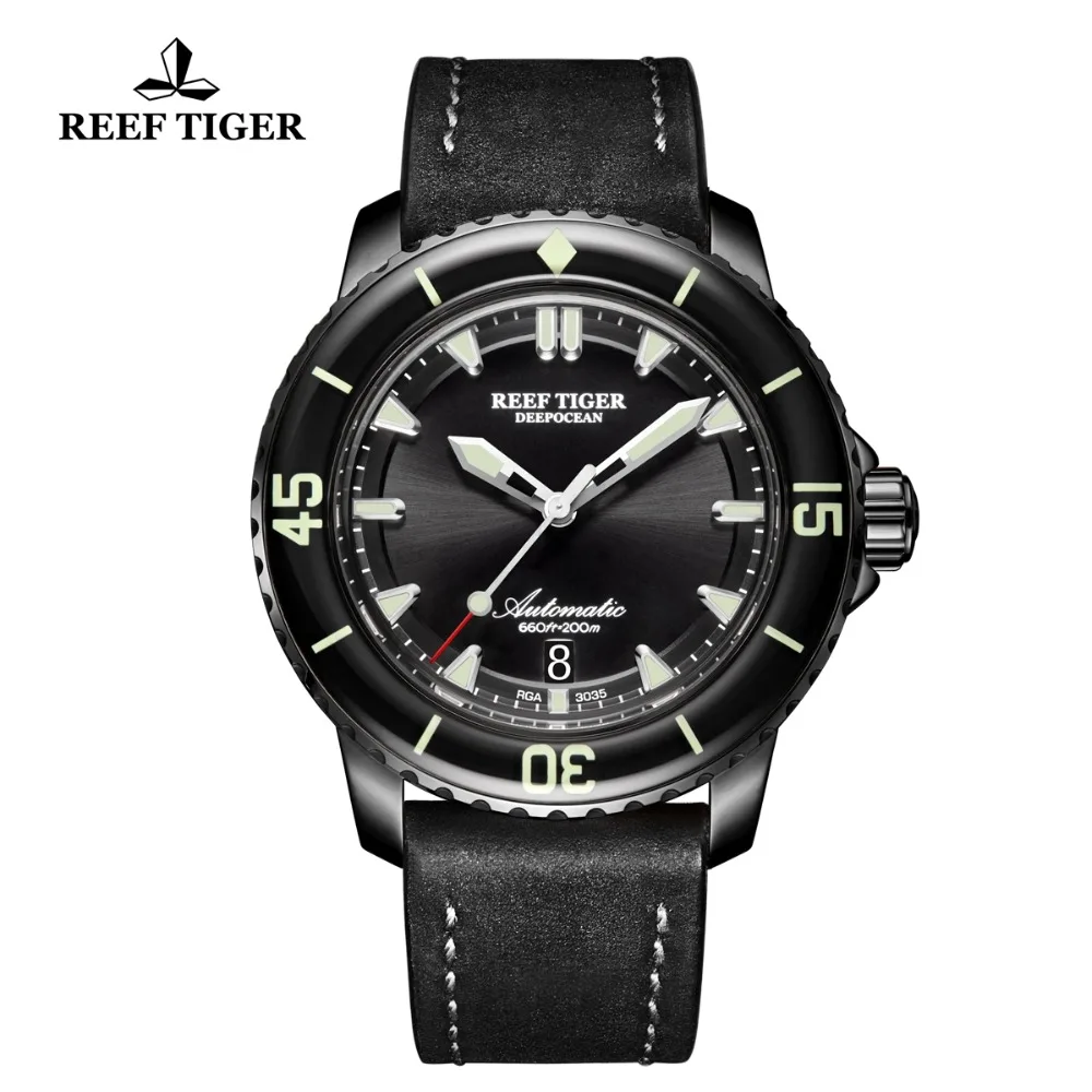 Reef Tiger/RT часы для дайвинга люминесцентные спортивные часы мужские черные стальные кожаный ремешок автоматические с датой водонепроницаемые часы RGA3035