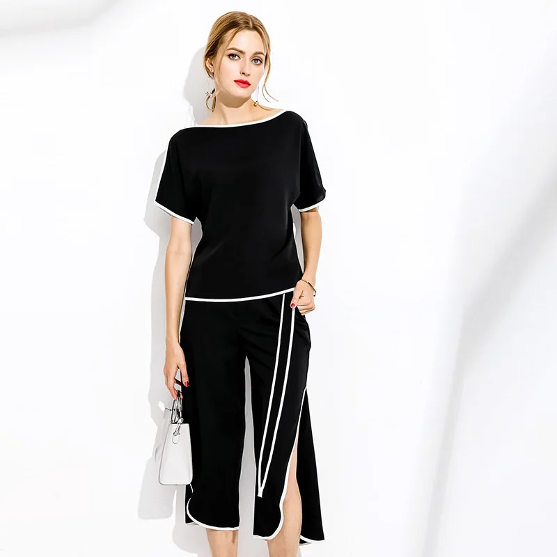 New2017Summer женский шифоновый комплект одежды костюм двойка с вырезом лодочкой