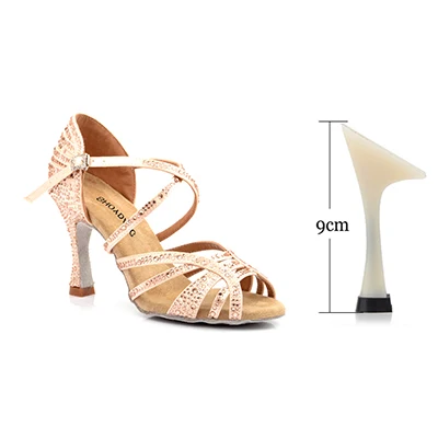 Apricot 9cm SHOYDANC/Танцевальная обувь для сальсы, женская обувь для латинских танцев со стразами, женская обувь на Кубинском каблуке 9 см, Обувь для бальных танцев - Цвет: Apricot 9cm