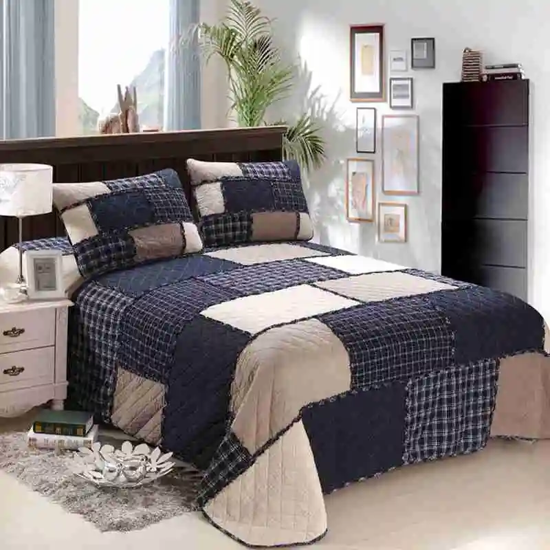 

American British lattice plaid плед style 3pcs patchwork quilt full/queen size bed cover/bedspread free shipping bubu