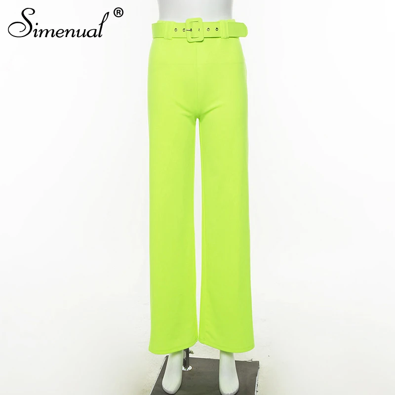 neon yellow Simenual, неоновые цвета, модные широкие брюки для женщин, с высокой талией, с поясом, тонкие, повседневные, длинные брюки,, Осенние, для девушек, прямые брюки - Цвет: neon yellow