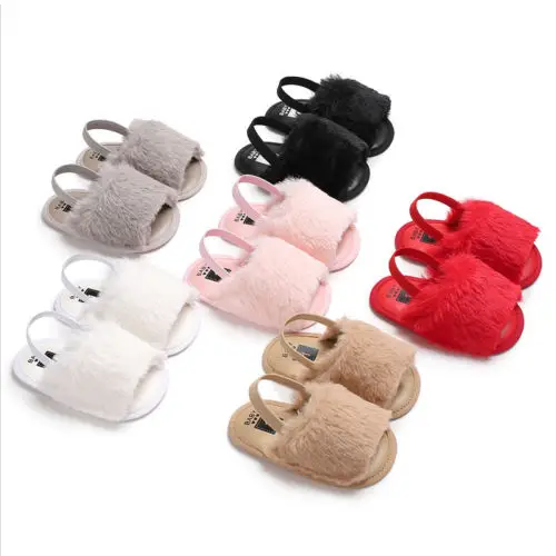 

Newborn Baby Girls Soft Sole Crib Shoes Cute Fluffy Fur Summer Slippers Sandals Flat Heel