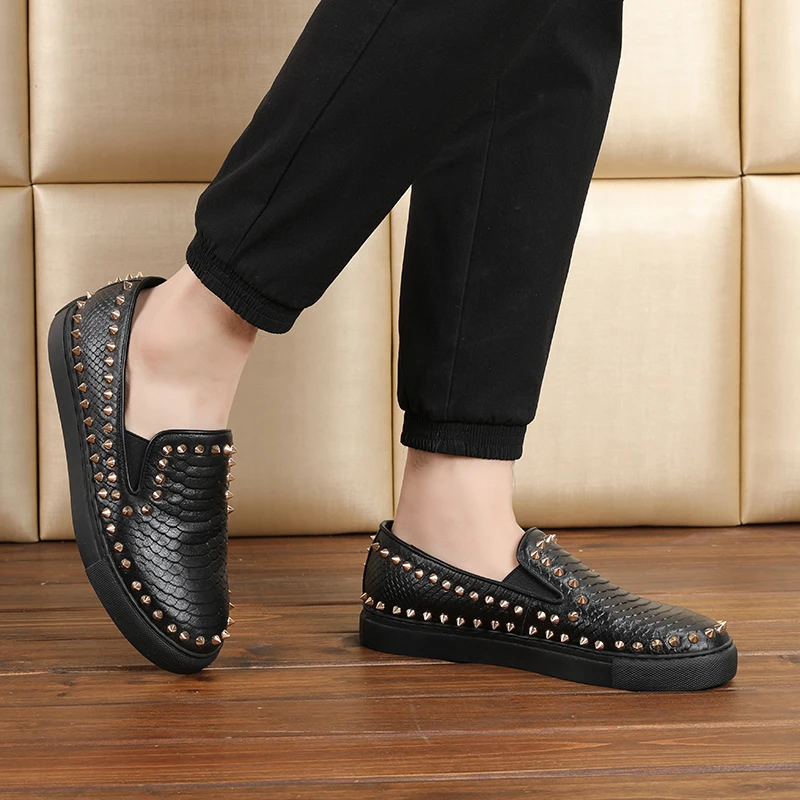 Plus Size 38-46 Snake Leather loafer mocassin shoes men velvet Slip On Luxury Handmade spiked Loafers black Flat | Обувь