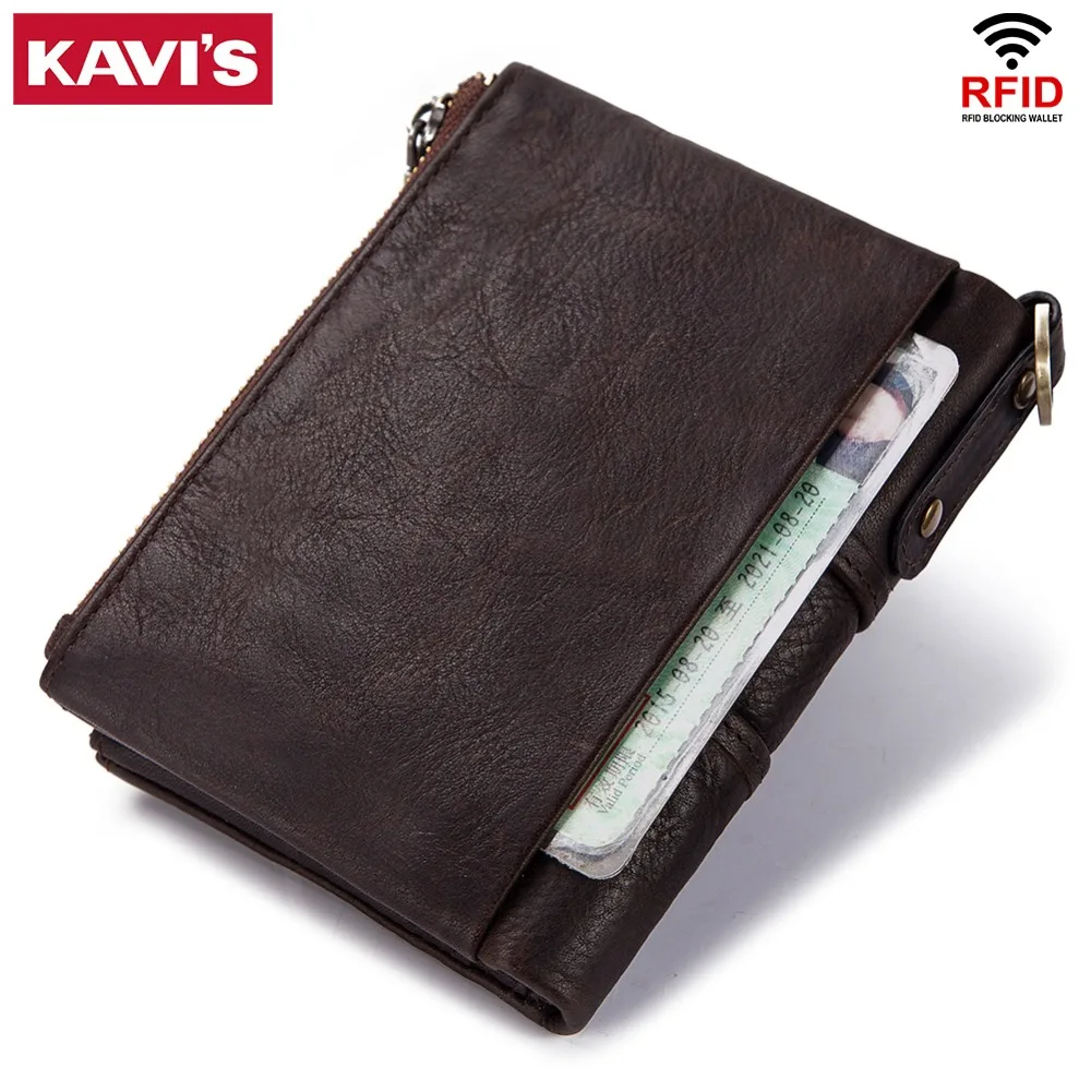KAVIS натуральная кожа Rfid кошелек для мужчин Crazy Horse кошельки Портмоне Короткий Мужской кошелек качество с цепочкой маленький кошелек