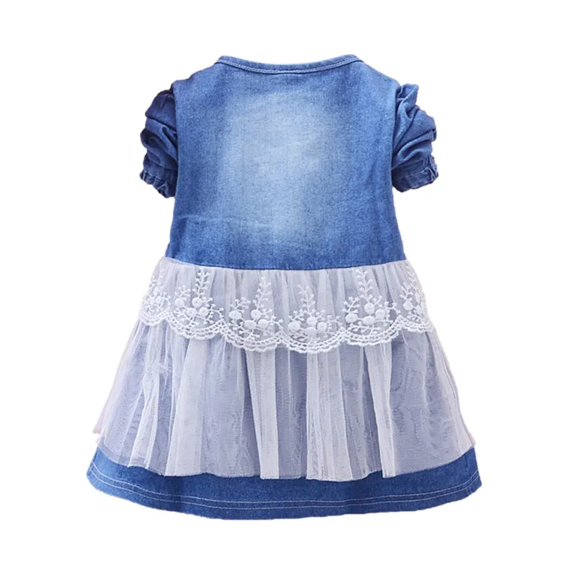 Bowknot Long Sleeve Dresses Mesh Denim Patchwork Lace Dress Autumn Kids Baby Spring Children | Детская одежда и обувь