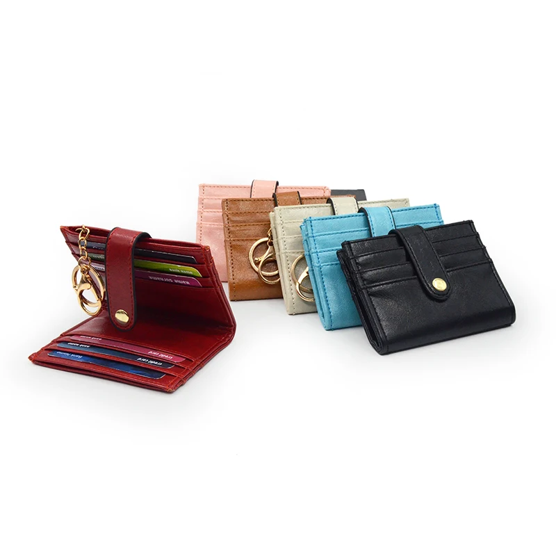 

BONAMIE Red Women Business Credit Card Holder Fold Leather Wallet Keychian RFID Man Bank id Card Holder Case Coin Purse Black