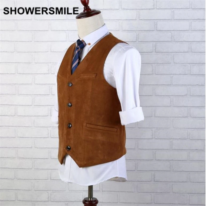 SHOWERSMILE брендовый замшевый жилет мужской коричневый кожаный жилет без рукавов осенне-зимний винтажный приталенный Chaleco стильный жилет