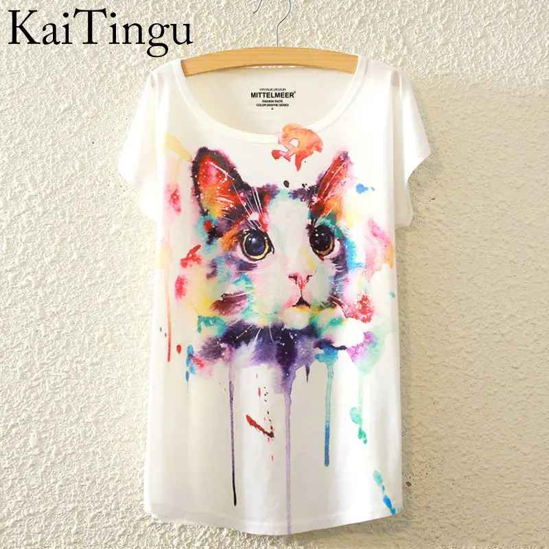 KaiTingu 2019 Brand New Fashion Summer Harajuku Animal Cat Print Shirt O-Neck Short Sleeve T Women Tops White T-shirt | Женская одежда