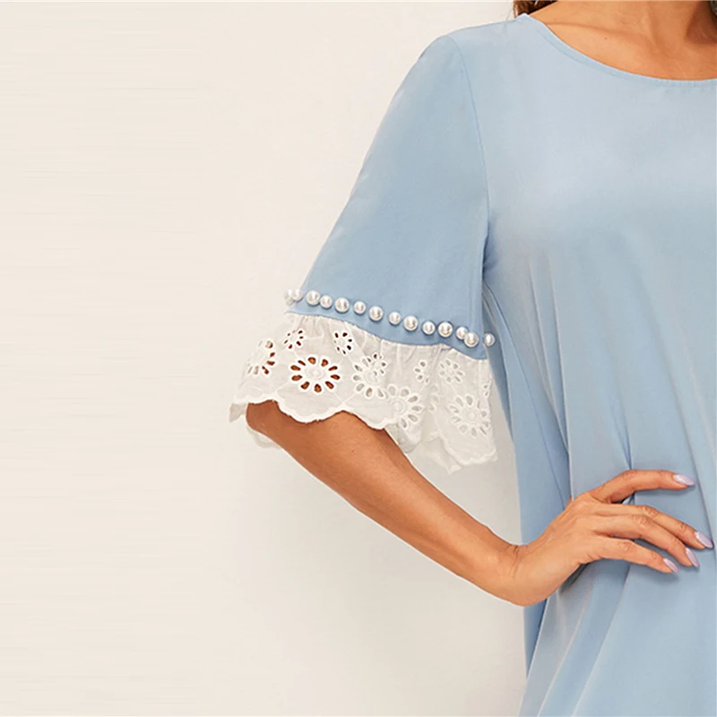 SHEIN модное платье с бусинами и вышитыми манжетами,, голубое весенне-летнее платье с коротким рукавом, туника с заниженной талией, женские платья