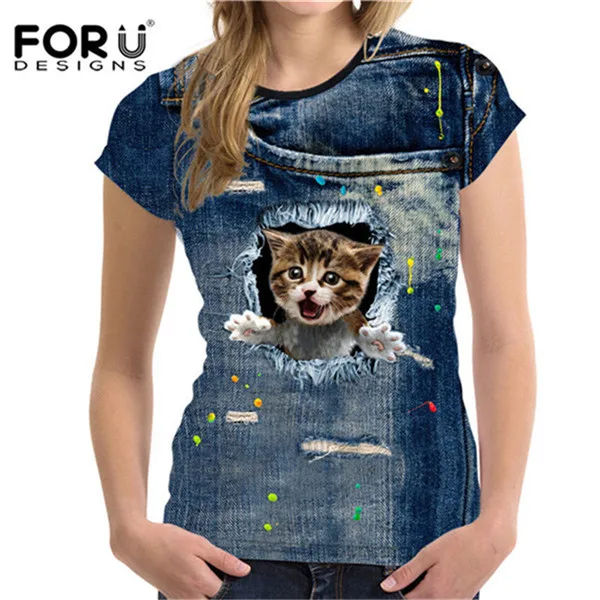 FORUDESIGNS/футболка с милым котом для женщин, Летний стиль, короткий рукав, женские футболки, 3D черный деним, с карманом, футболки для девочек, ropa mujer - Цвет: CA4915BV