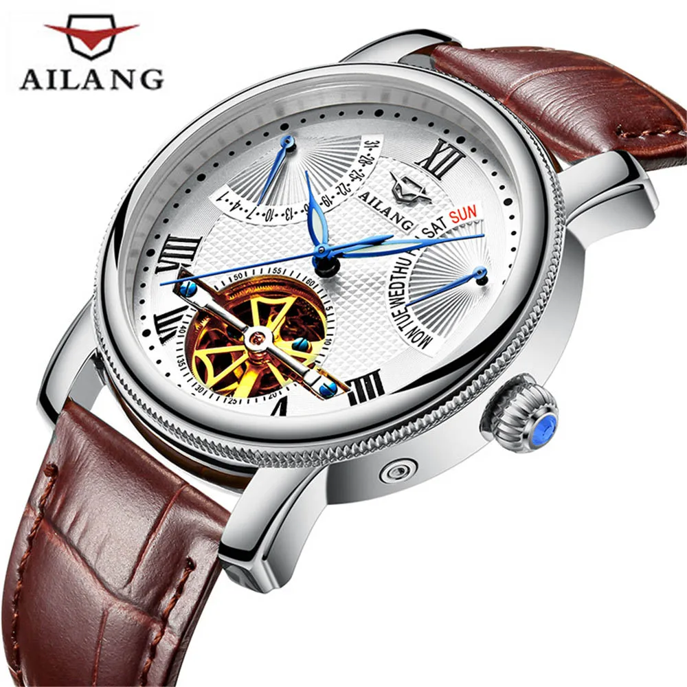 AILANG Tourbillon часы Мужские механические Спортивные наручные часы люксовый бренд натуральная кожа автоматические многофункциональные часы Relogio - Цвет: Серебристый