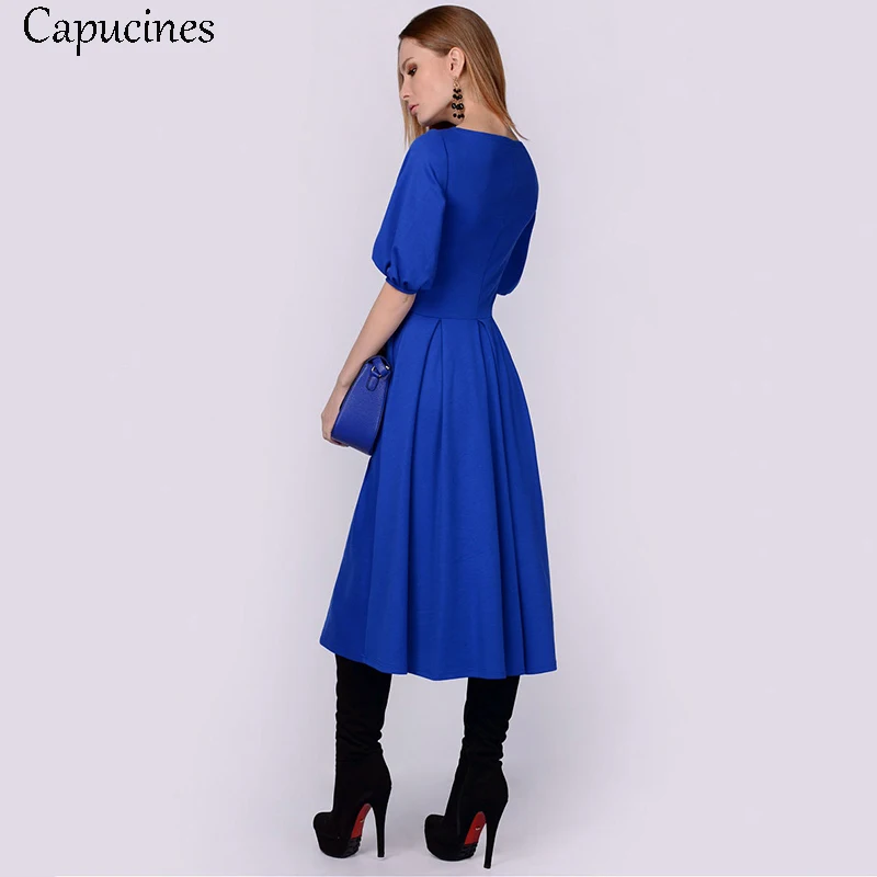 Capucines женский Сплошной цвет Фонарь рукав A-Line Платье летнее с короткими рукавами О-образный вырез Повседневное платье женское элегантный марочный голубые Бальные платья