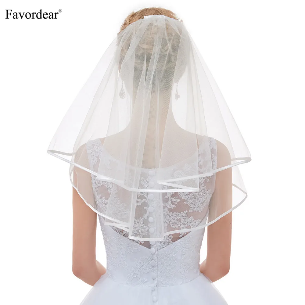 Favordear Top Quality Cute Short Veils for Short Hair Brides Flower Girl Veils Ivory Simple Ribbon Edge Wedding Veil for Brides
