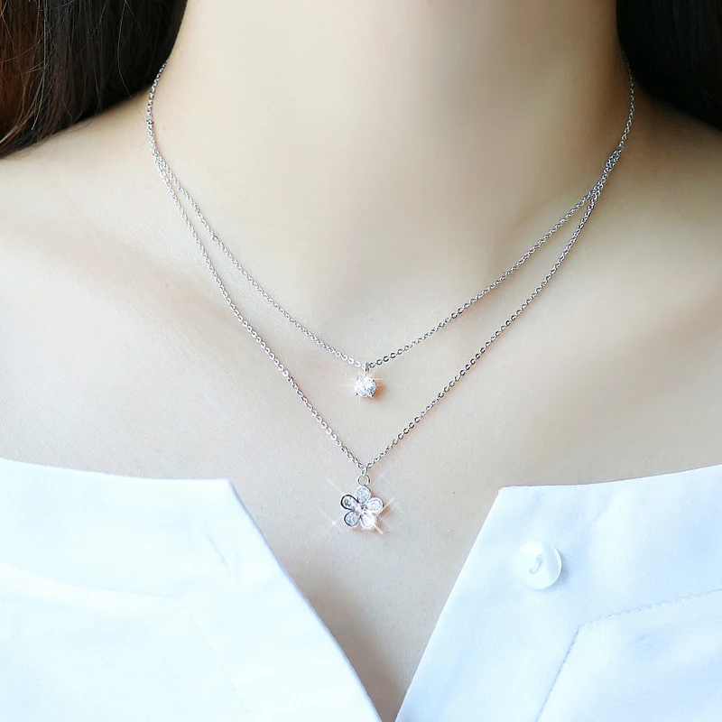 JZTOP Lady Zircon flower Choker Necklaces For Woman Silver Color Double Layer Crystal Pendant Necklace Luxury Engagement Jewelry | Украшения