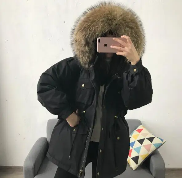 black jacket Большой воротник из натурального меха с капюшоном зимняя куртка-пуховик на белом утином пуху женское длинное пальто теплые парки Толстая Женская верхняя одежда розовый хаки - Цвет: black jacket