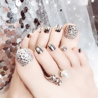 24pcsset beauty chic toe nails silver metallic finished full cover for foot with rhinestone feet artificial false nail