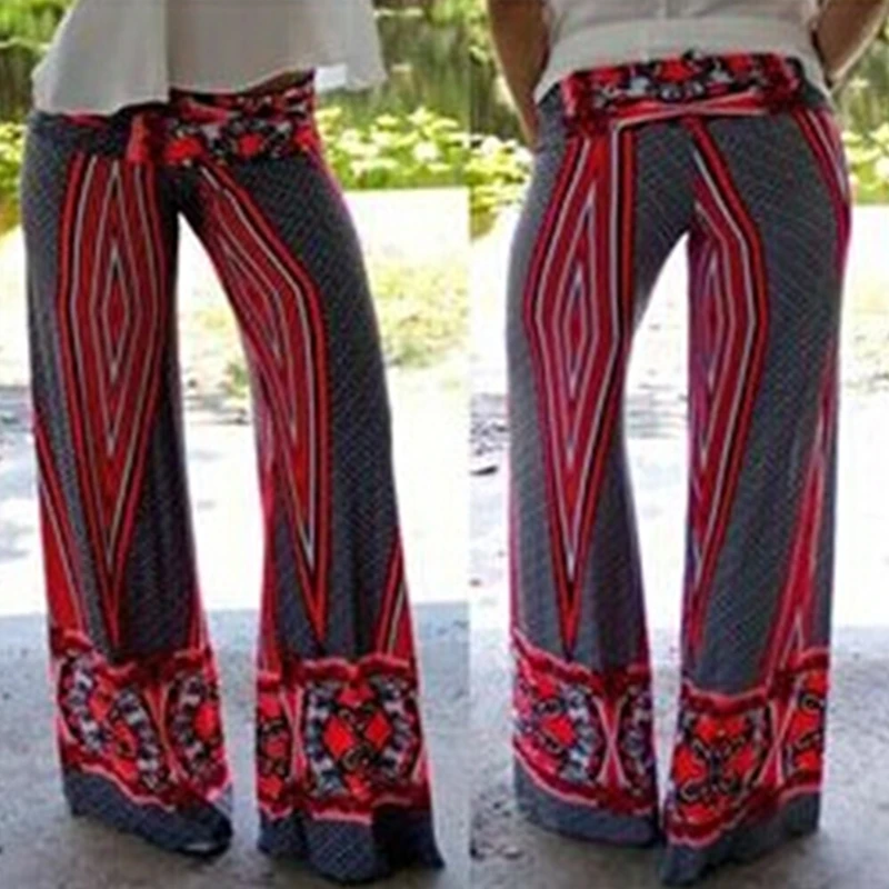 Boho Хиппи широкие брюки летние женские цыганские богемные повседневные Длинные свободные облегающие леггинсы брюки с высокой талией расклешенные брюки