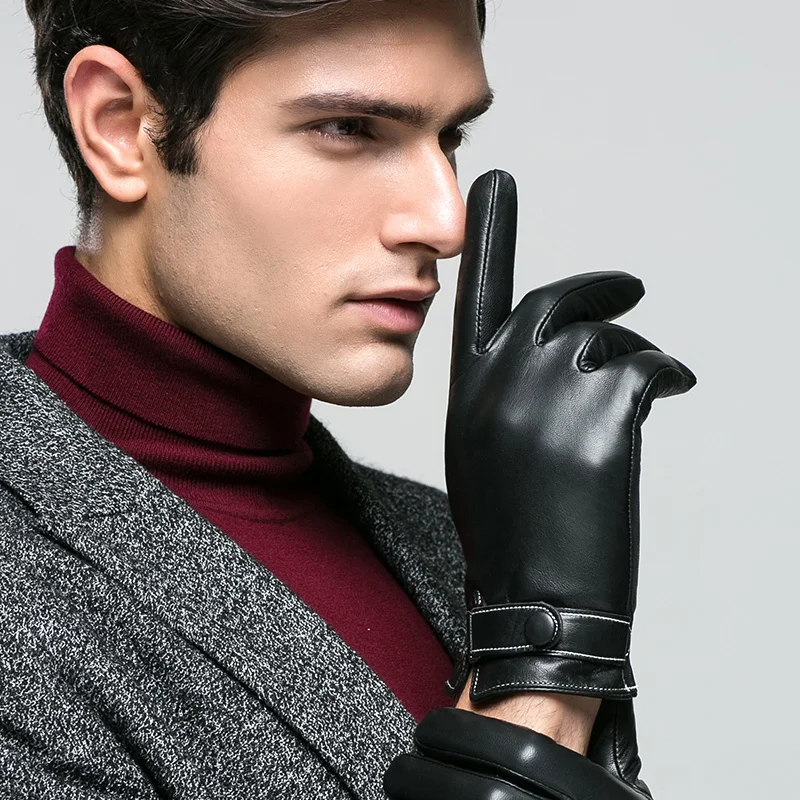 Натуральная кожа мужские перчатки осень зима пряжки на запястье Термальность