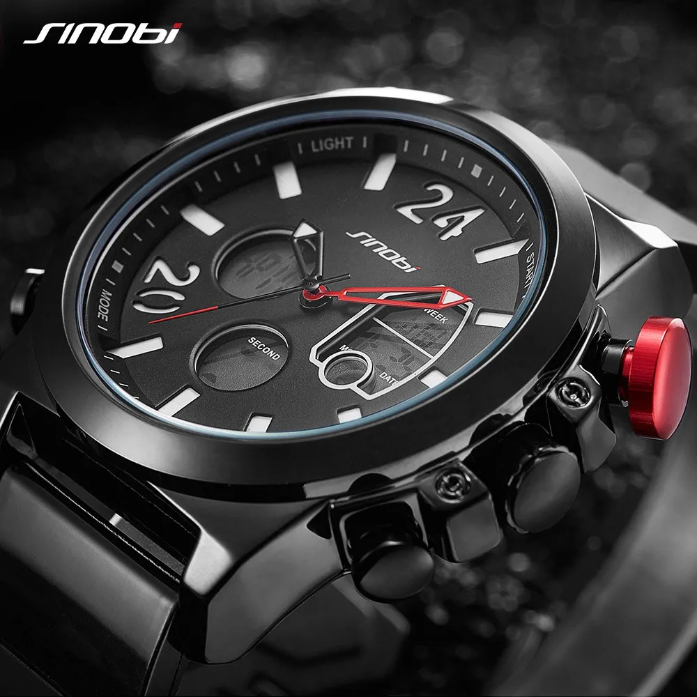 SINOBI Мужские модные спортивные часы мужские кварцевые аналоговые светодиодные