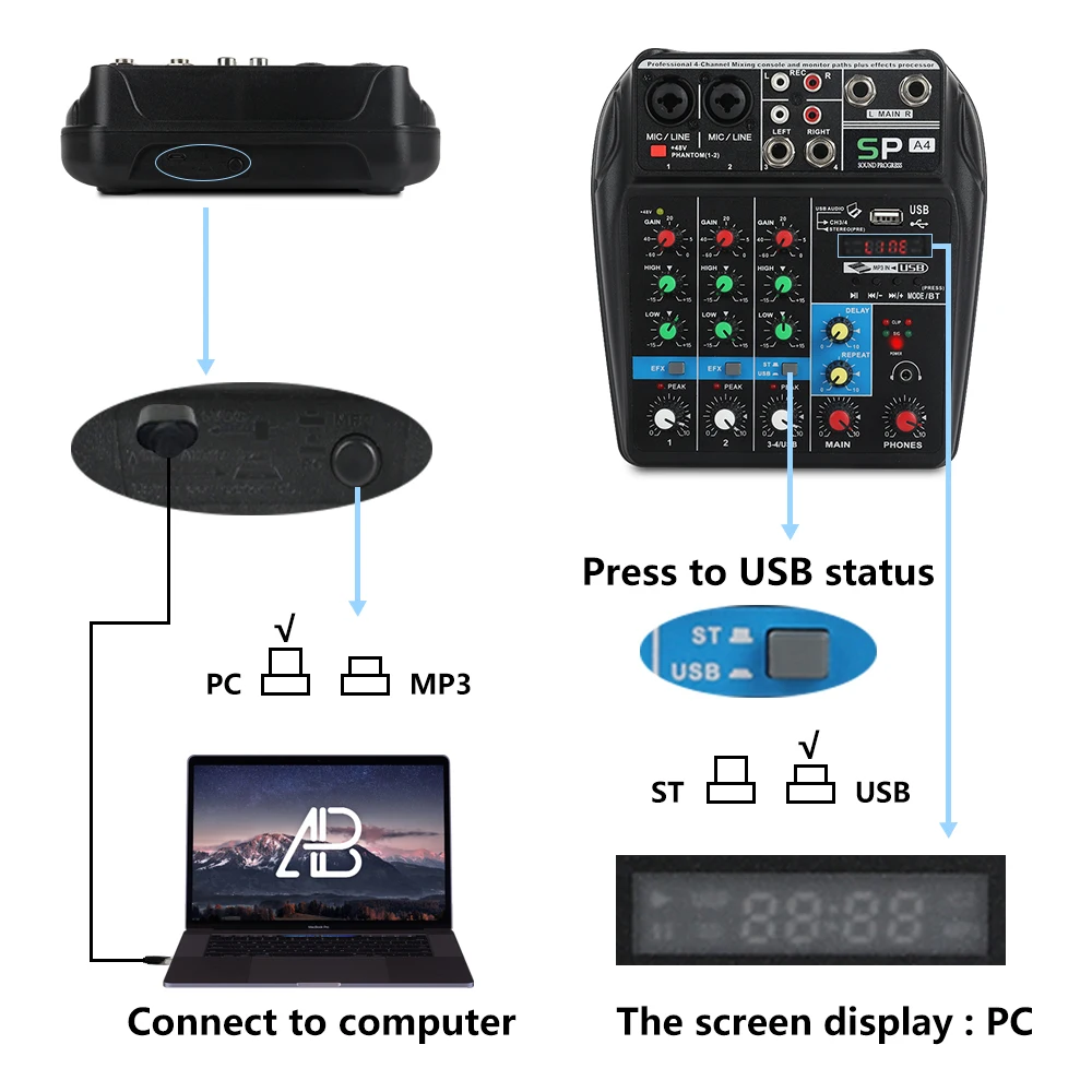 A4 4 канала аудио микшер звук микшерный пульт с Bluetooth USB Запись 48 В Phantom power Monitor Пути Плюс эффекты использования