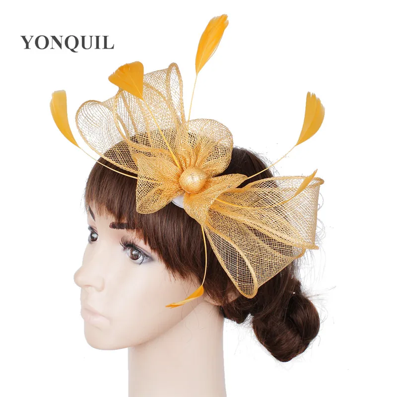 Vintage Sinamay Fascinator Headwear Colorful Mesh Feather Party Show Hair Accessories Millinery Linen Yellow Cocktail Hat MYQ093 |